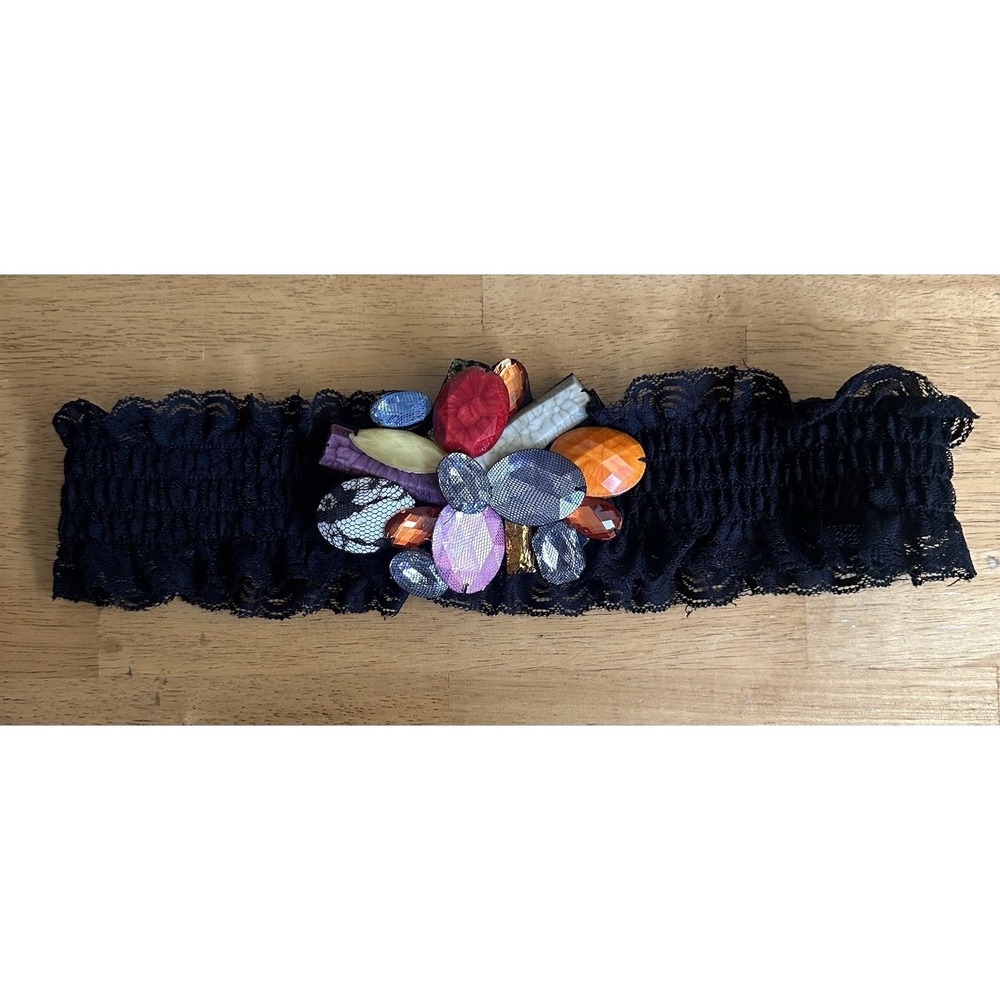 Arden B Wide Belt Black Elastic Lace Belt With Multi-Colored Beads Jewels S/M